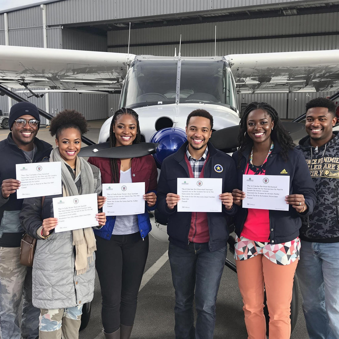 aviators with scholarship letters near aircraft
