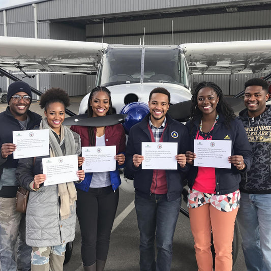 aviators with scholarship letters near aircraft