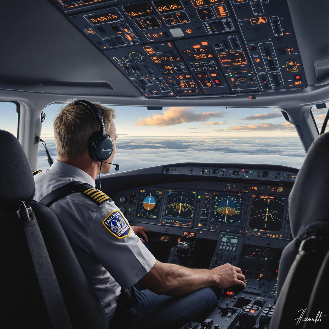 Pilot in cockpit with aircraft controls