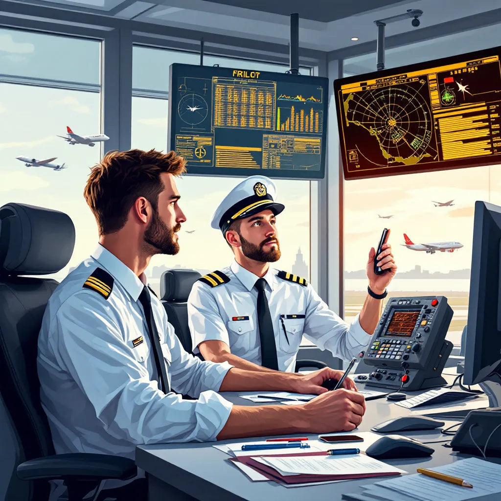 Pilots and controllers communicating in a control tower