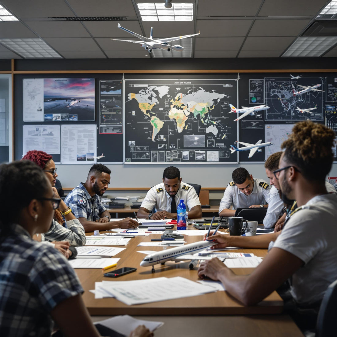Diverse aspiring pilots in an aviation classroom