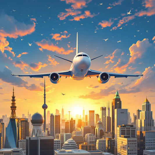 airplane flying over cityscape