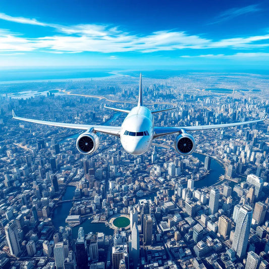 airplane over cityscape