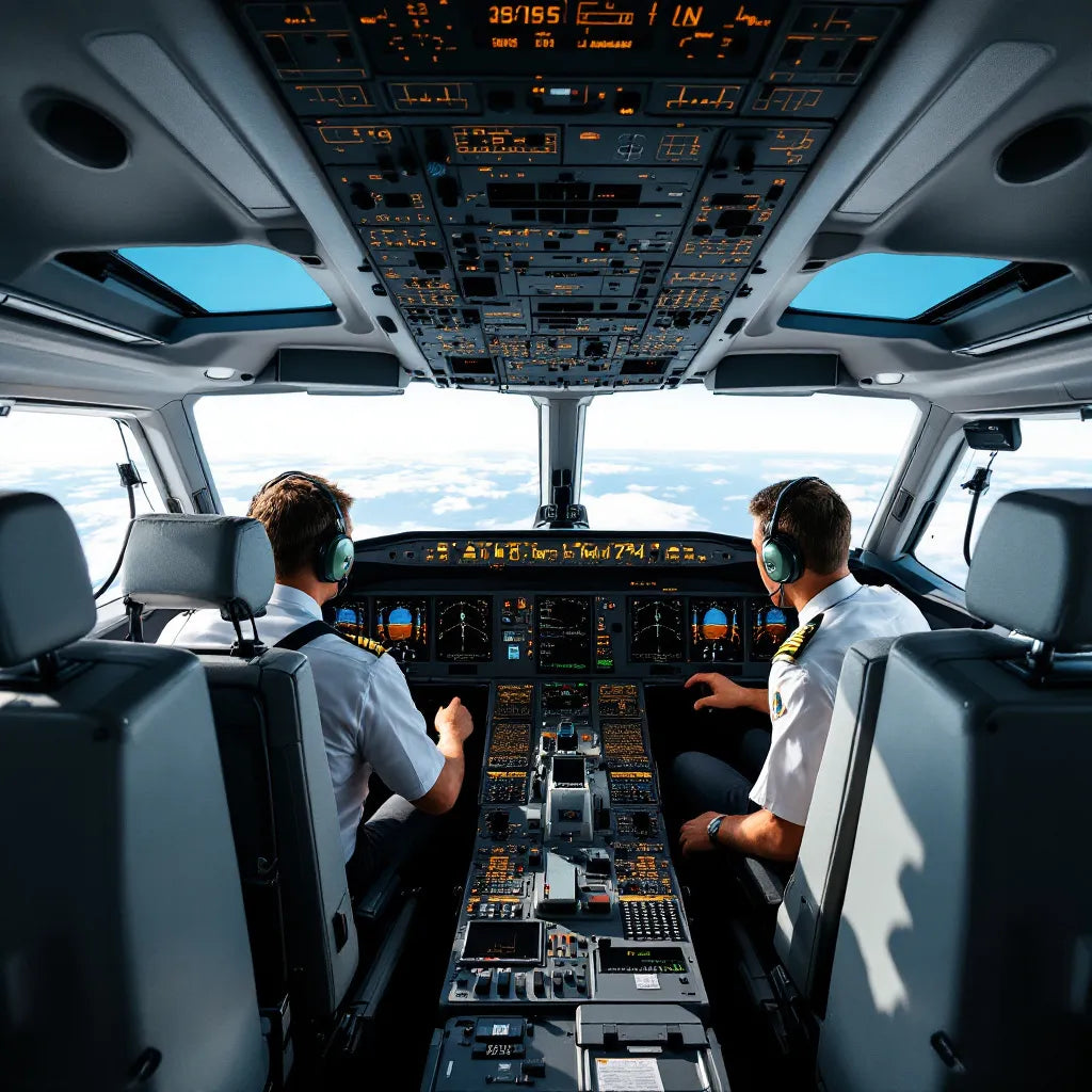 Pilots communicating in airplane cockpit