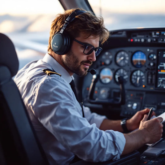pilot studying aviation English in cockpit