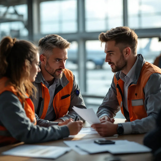 aviation professionals studying and communicating