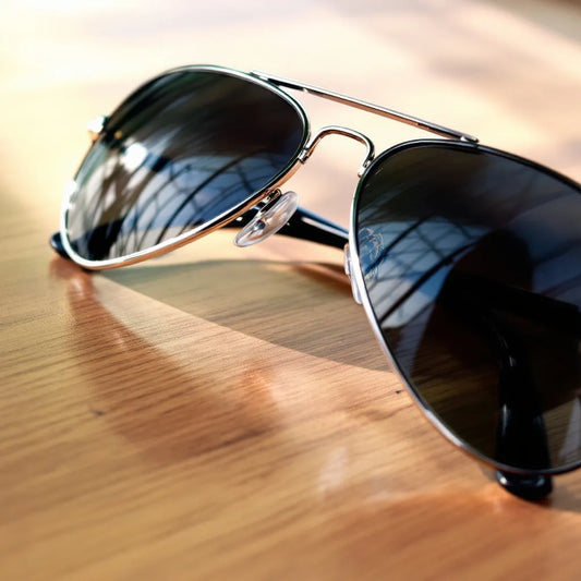 English Laundry aviator sunglasses on a table