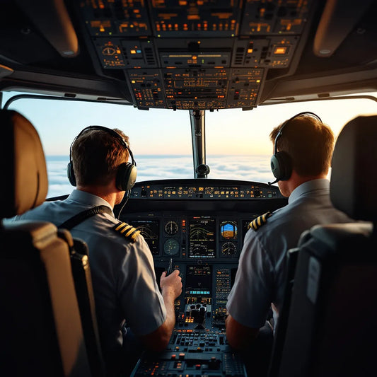 Pilot using aviation radio in cockpit