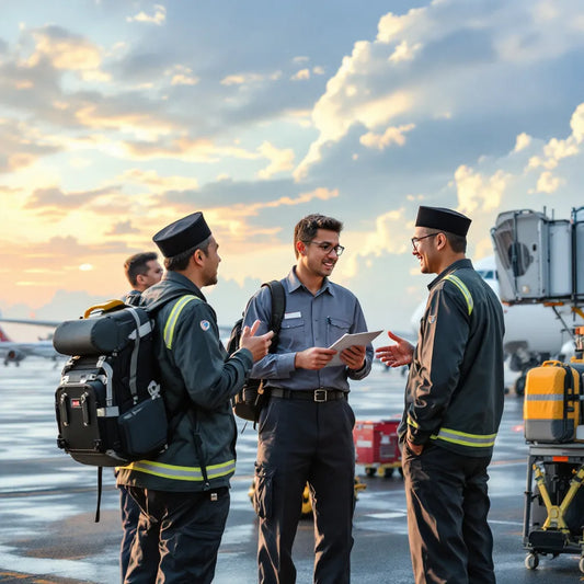 aviation professionals discussing near aircraft