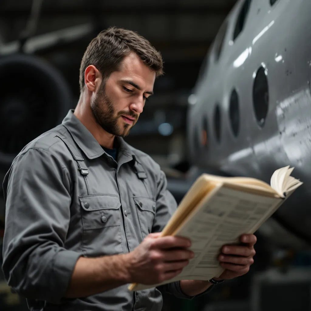 Mechanic reading manual near aircraft
