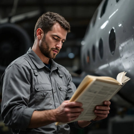 Mechanic reading manual near aircraft