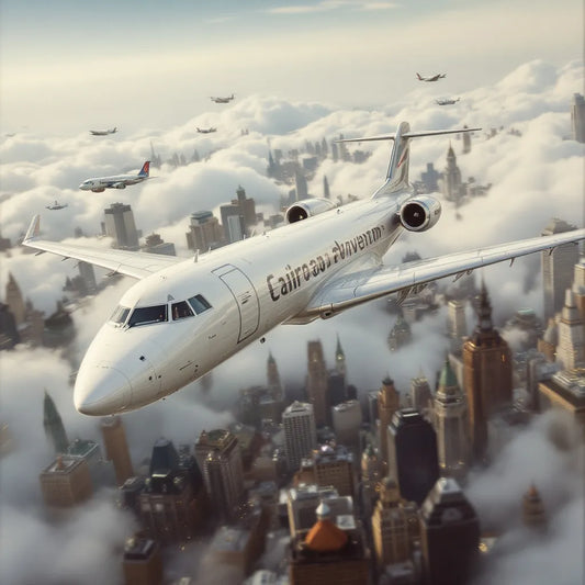 modern aircraft over cityscape