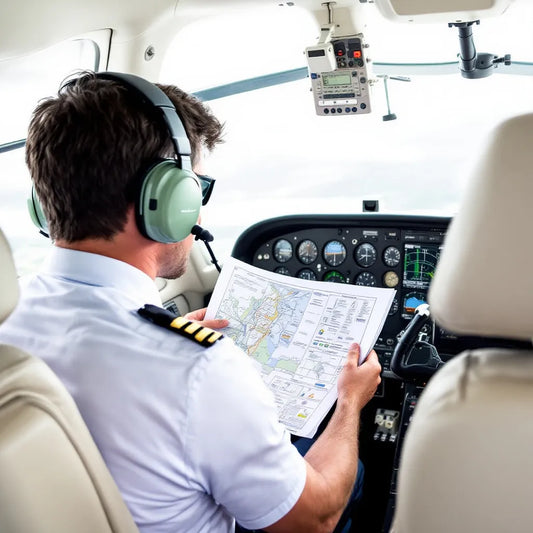 Pilot in cockpit studying charts