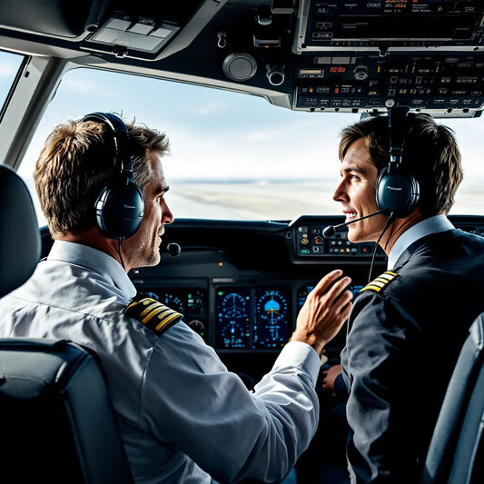 Pilot using headset in cockpit