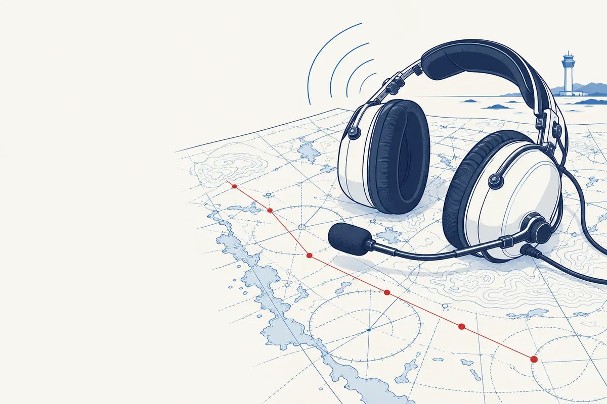 Illustration: an aviation headset resting on an aeronautical chart with a flight route and a control tower in the distance